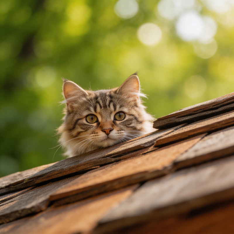 屋顶上的小猫咪探头望图片