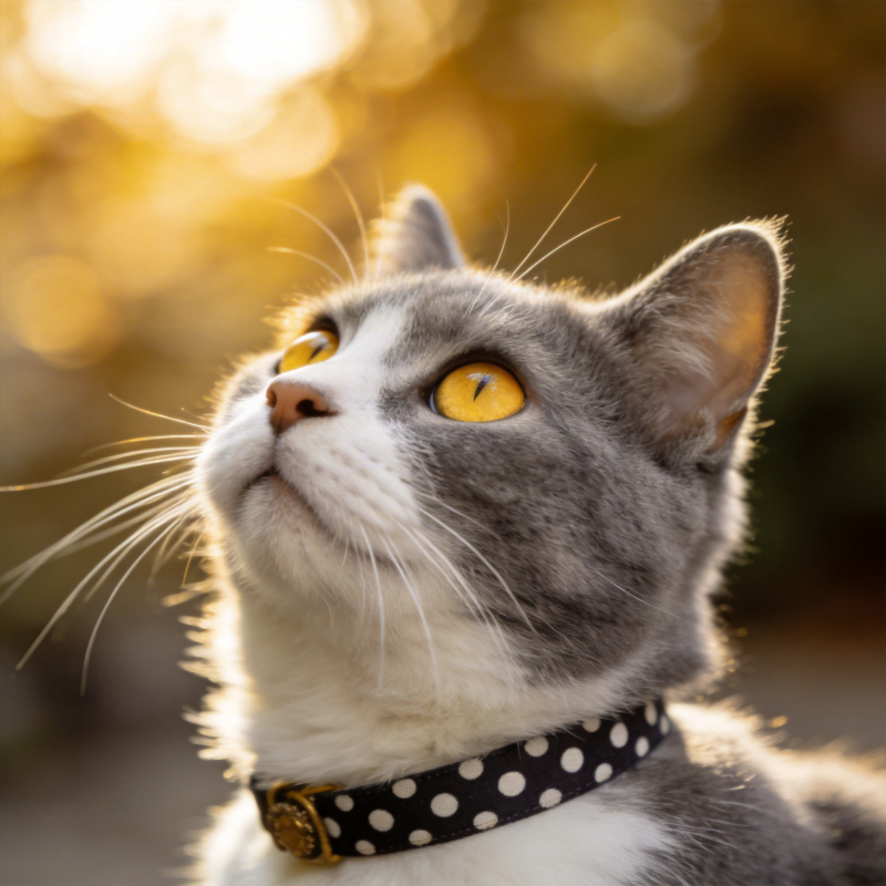 金瞳灰猫仰首望光斑图片