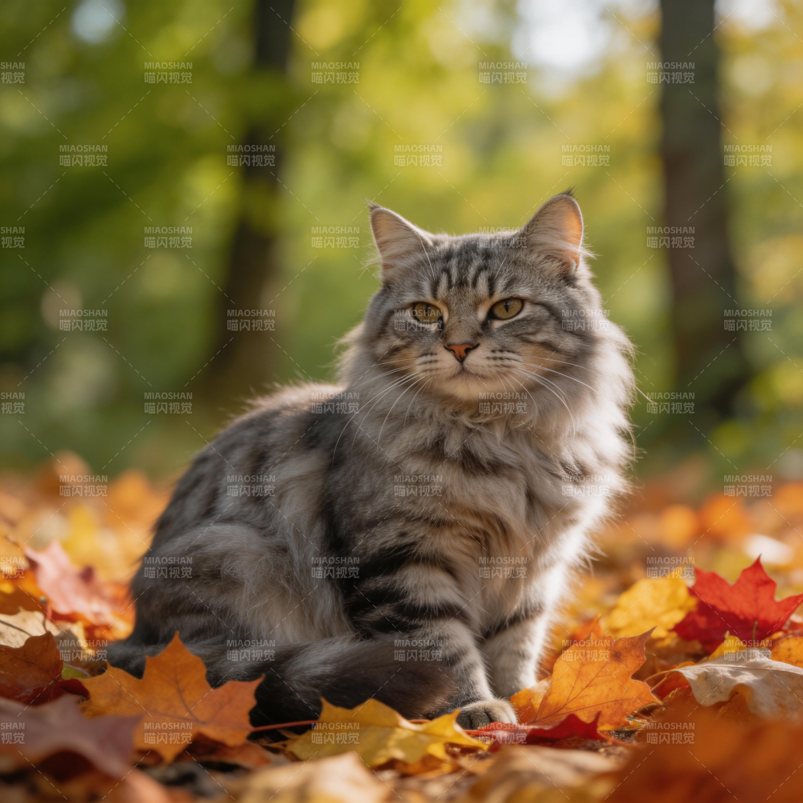 秋叶中的银虎斑猫图片