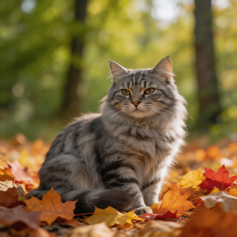 秋叶中的银虎斑猫图片