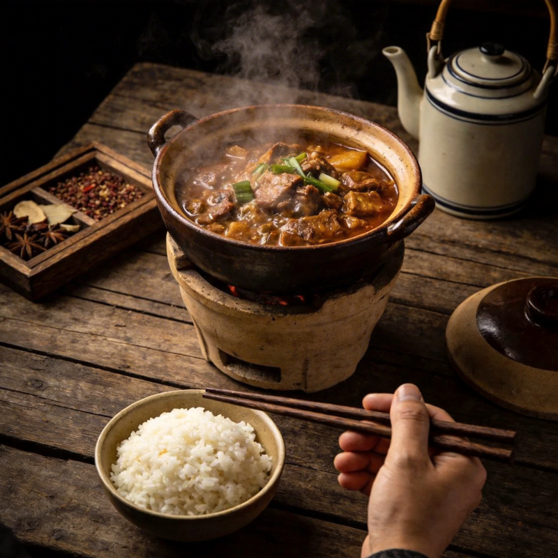 热气腾腾的砂锅炖肉配白饭图片