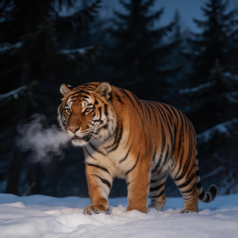 雪夜虎影 呼气成霜图片