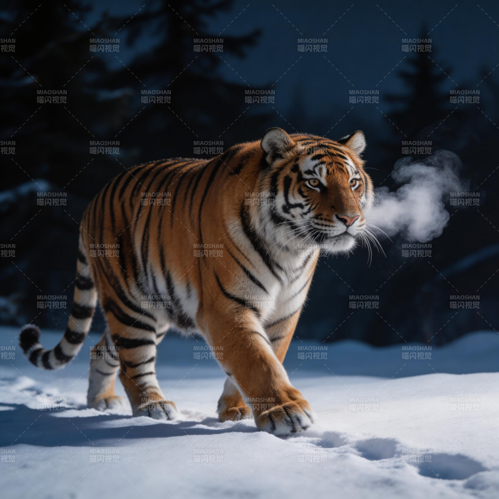 雪夜虎行 呼气成雾图片