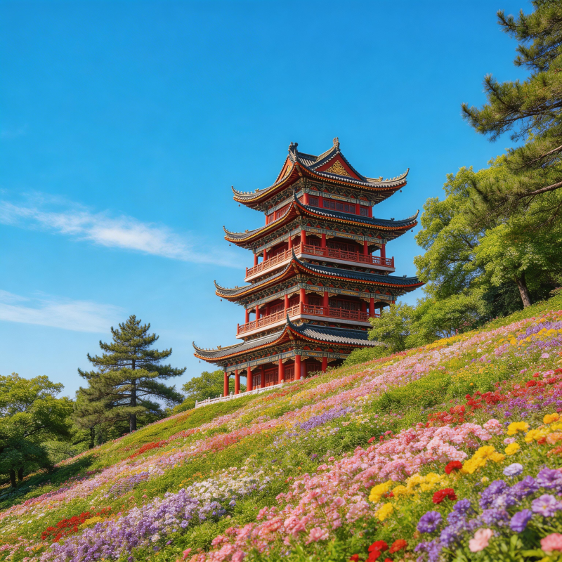 花坡古塔映蓝天图片
