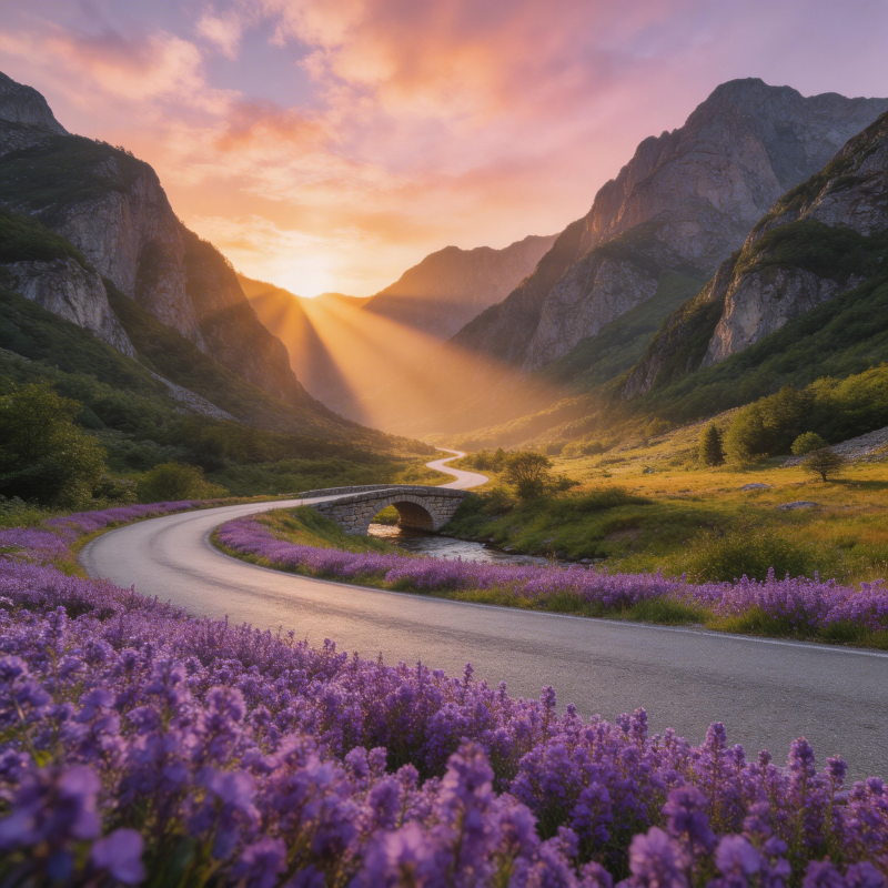 紫花海径 山间夕照图片