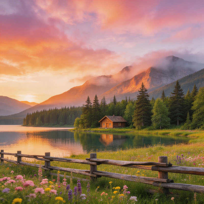 湖光山色 木屋夕照图片