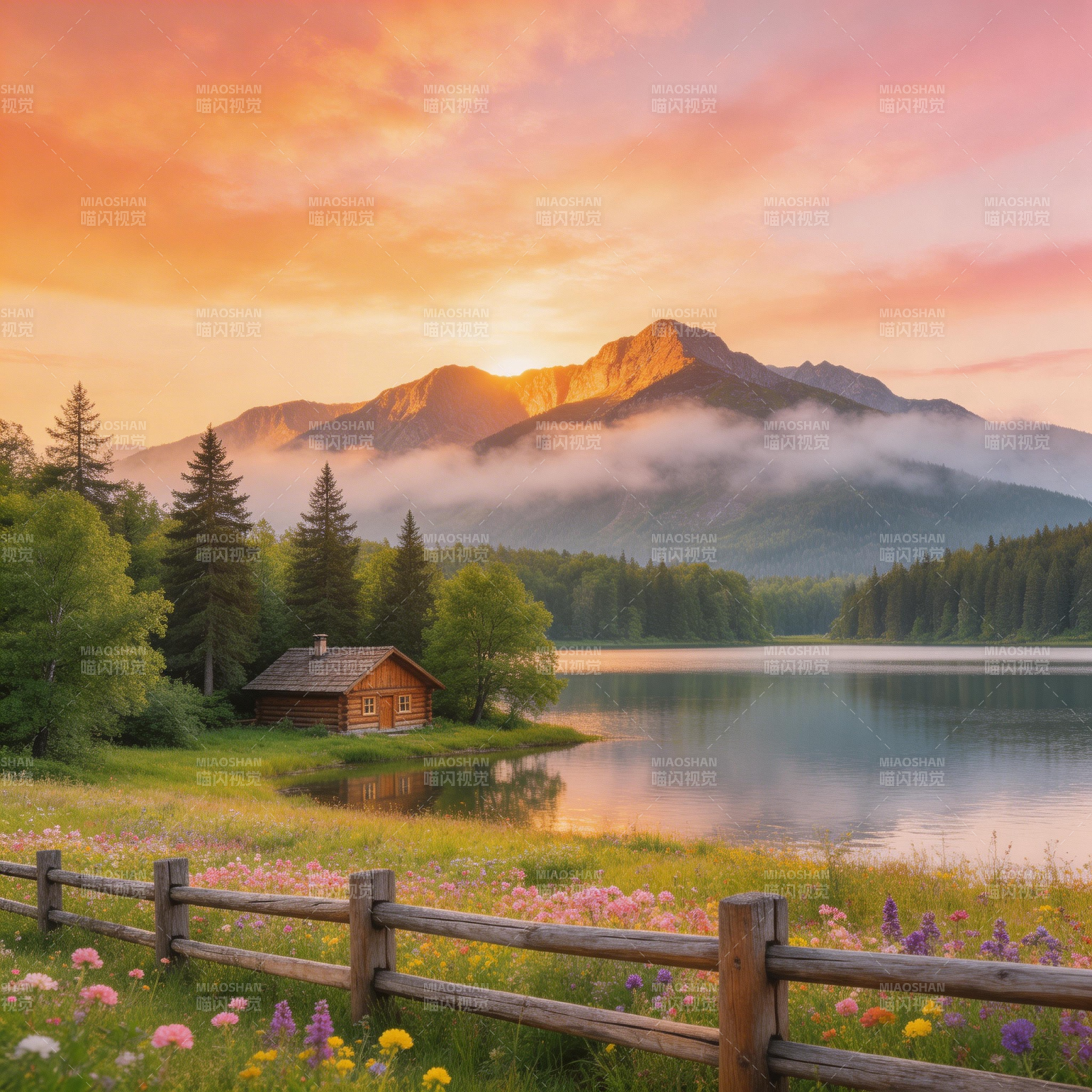 湖光山色 木屋花径夕照美图片