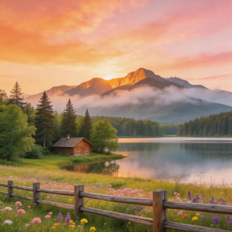 湖光山色 木屋花径夕照美图片