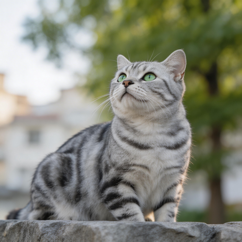 银虎斑猫仰望绿意盎然图片