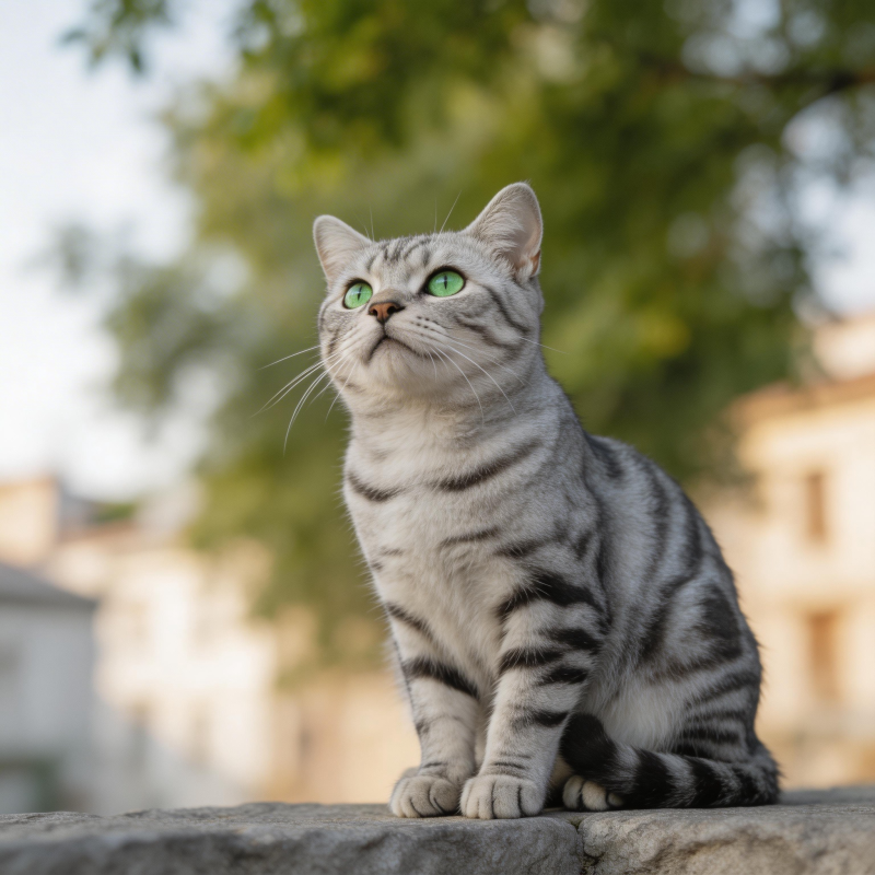 绿眼银虎斑猫望天萌态图片