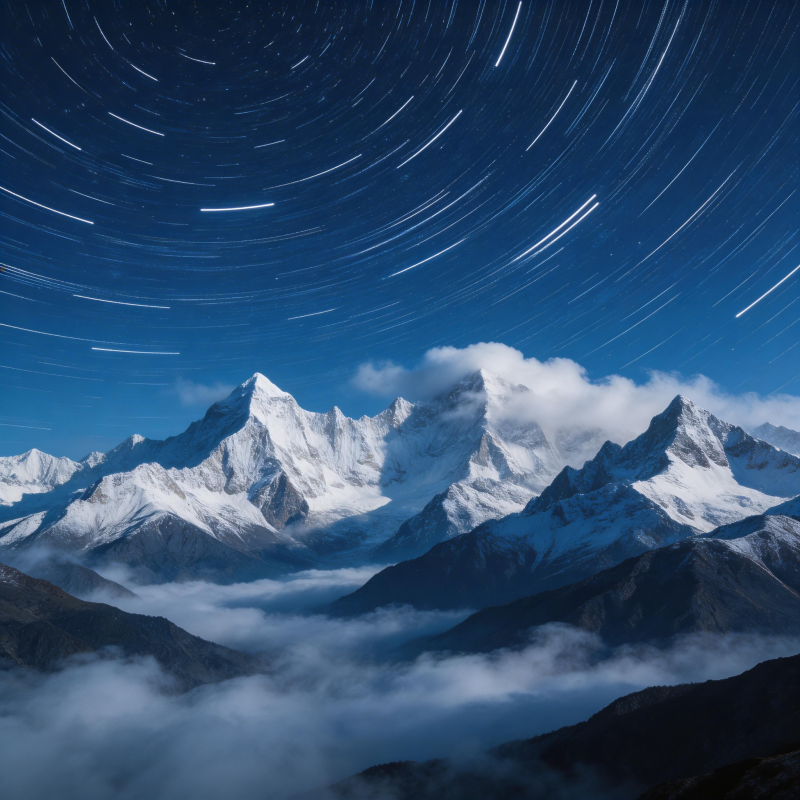 星轨绕雪山 云海映苍穹图片