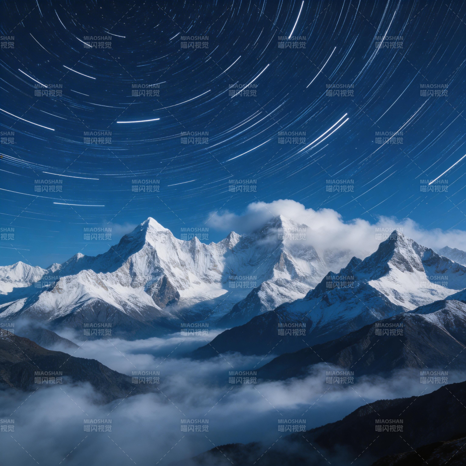 星轨绕雪山 云海映苍穹图片