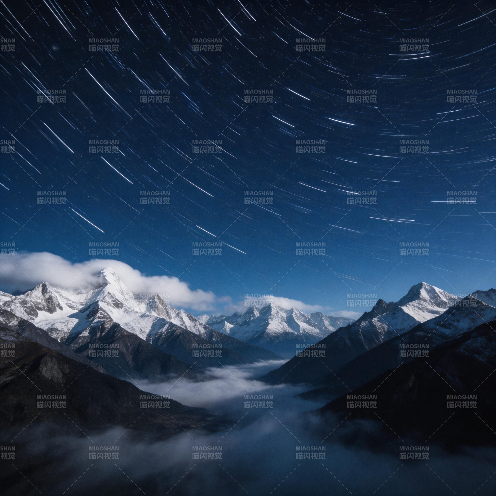 星轨雪山云海夜图片