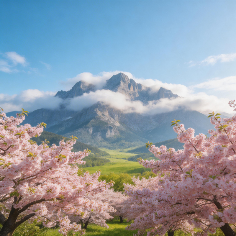 樱花映山 云绕峰峦图片
