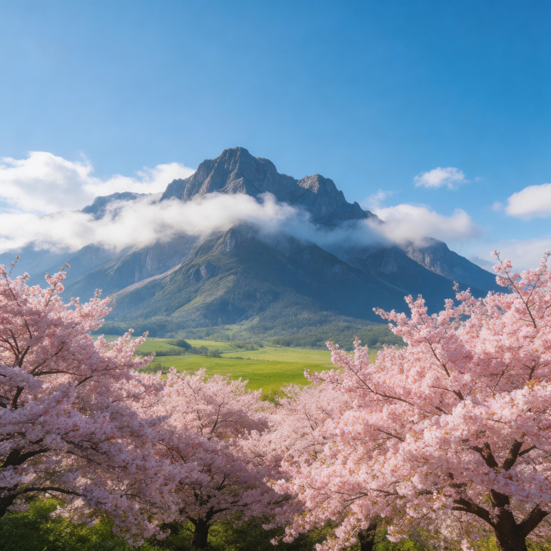 樱花开满山 云绕峰峦间图片