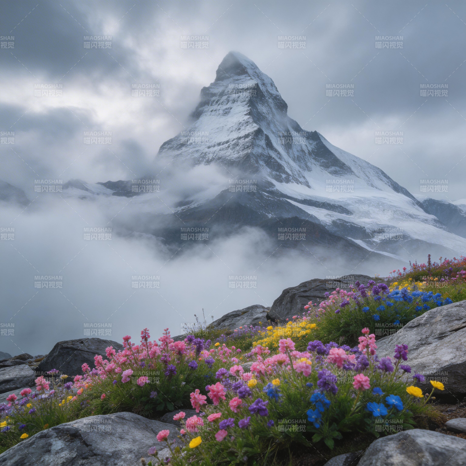 雪峰花海 云雾缭绕仙境图片