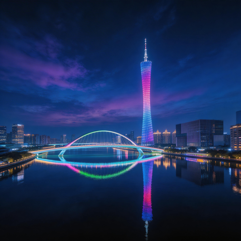 广州塔夜景 霓虹倒影如画图片