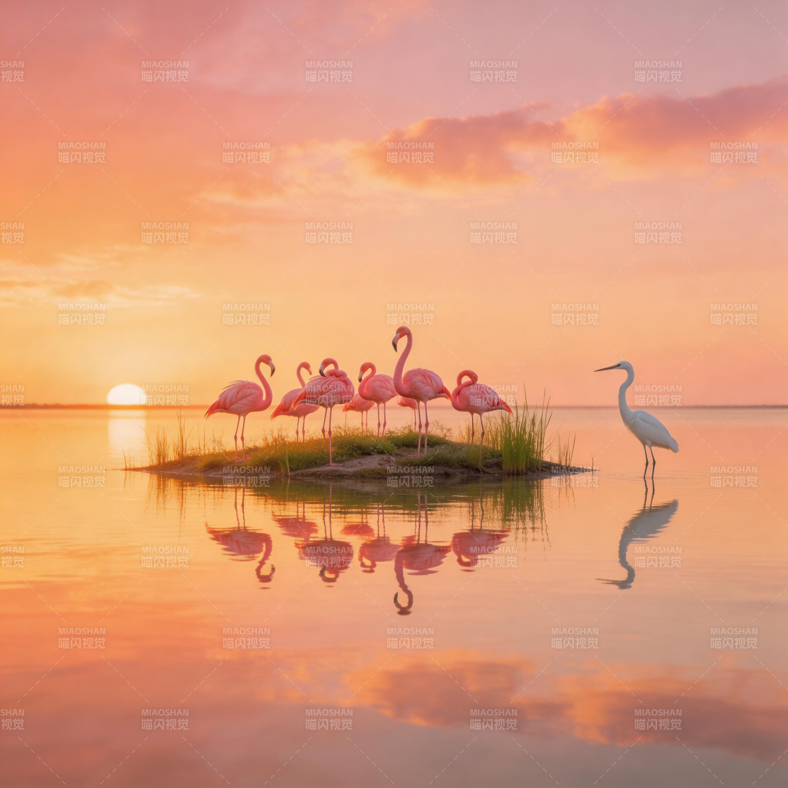 夕阳火烈鸟与白鹭共舞图片