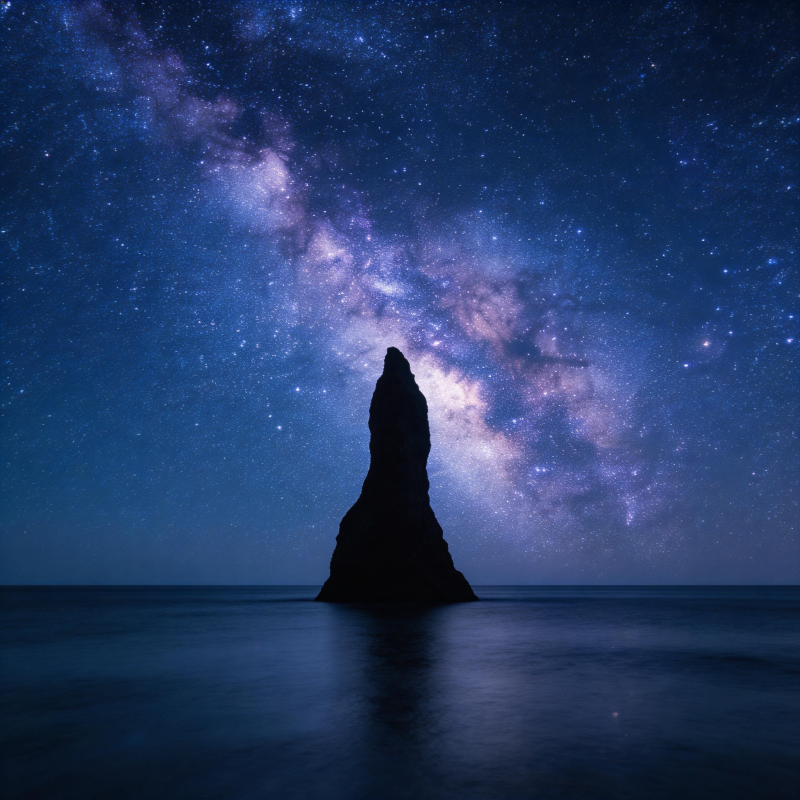 星河下的孤岩剪影图片