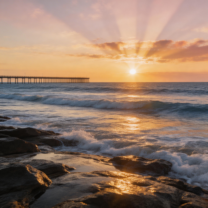 夕阳 pier 海浪拍石金光闪图片