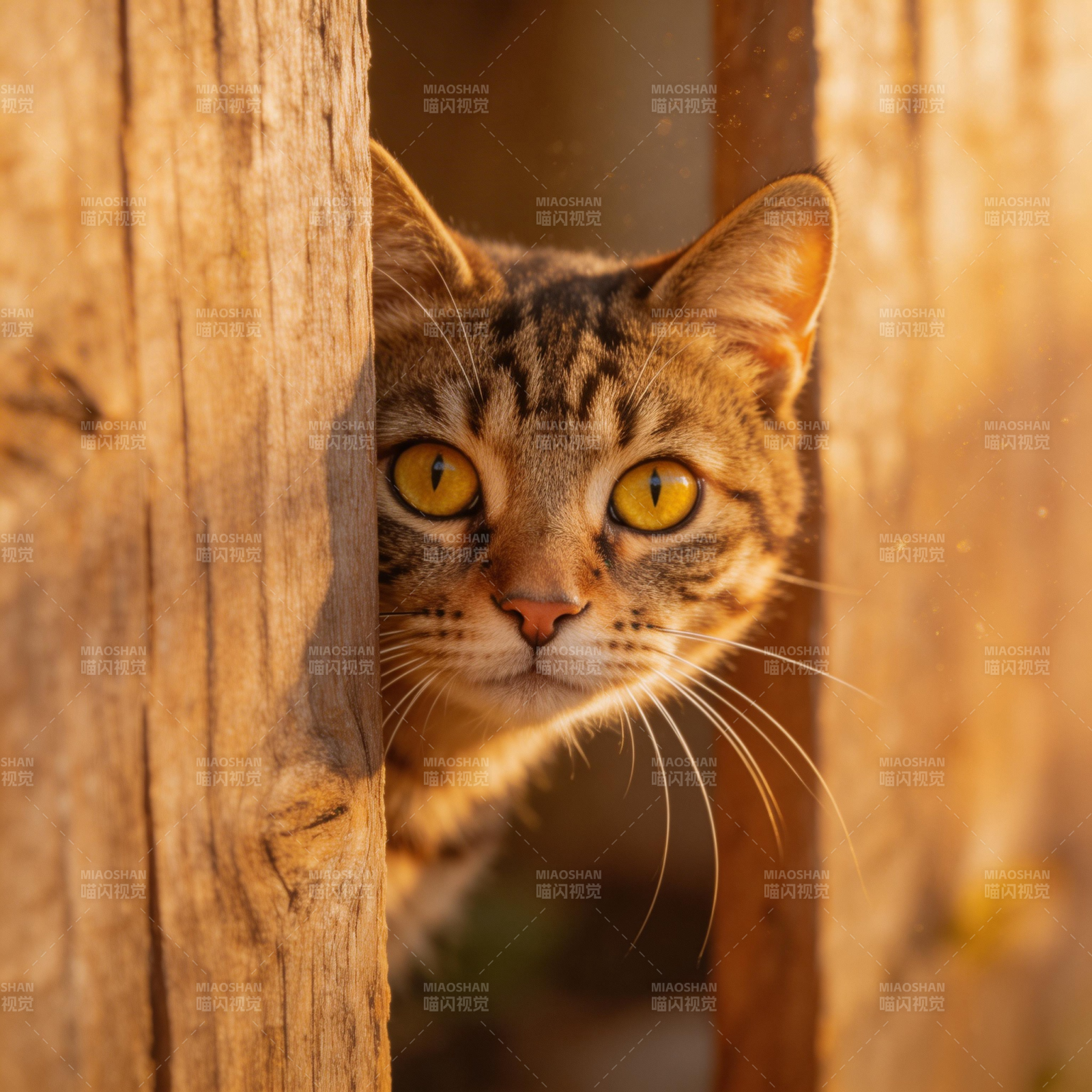 木缝间窥视的虎斑猫图片