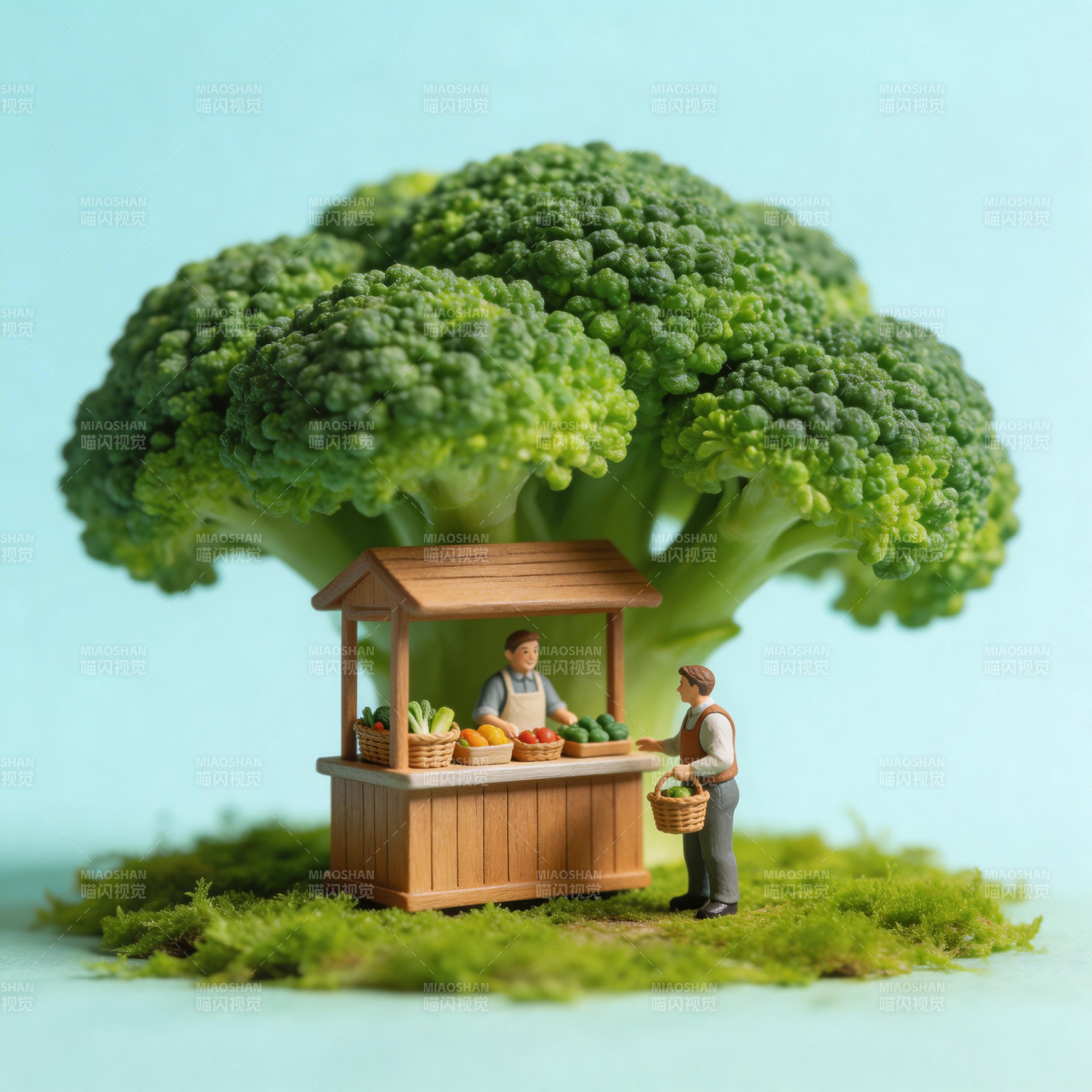 西兰花树下的小菜摊图片