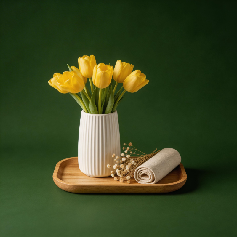 黄 tulip 白瓶绿底静物图片