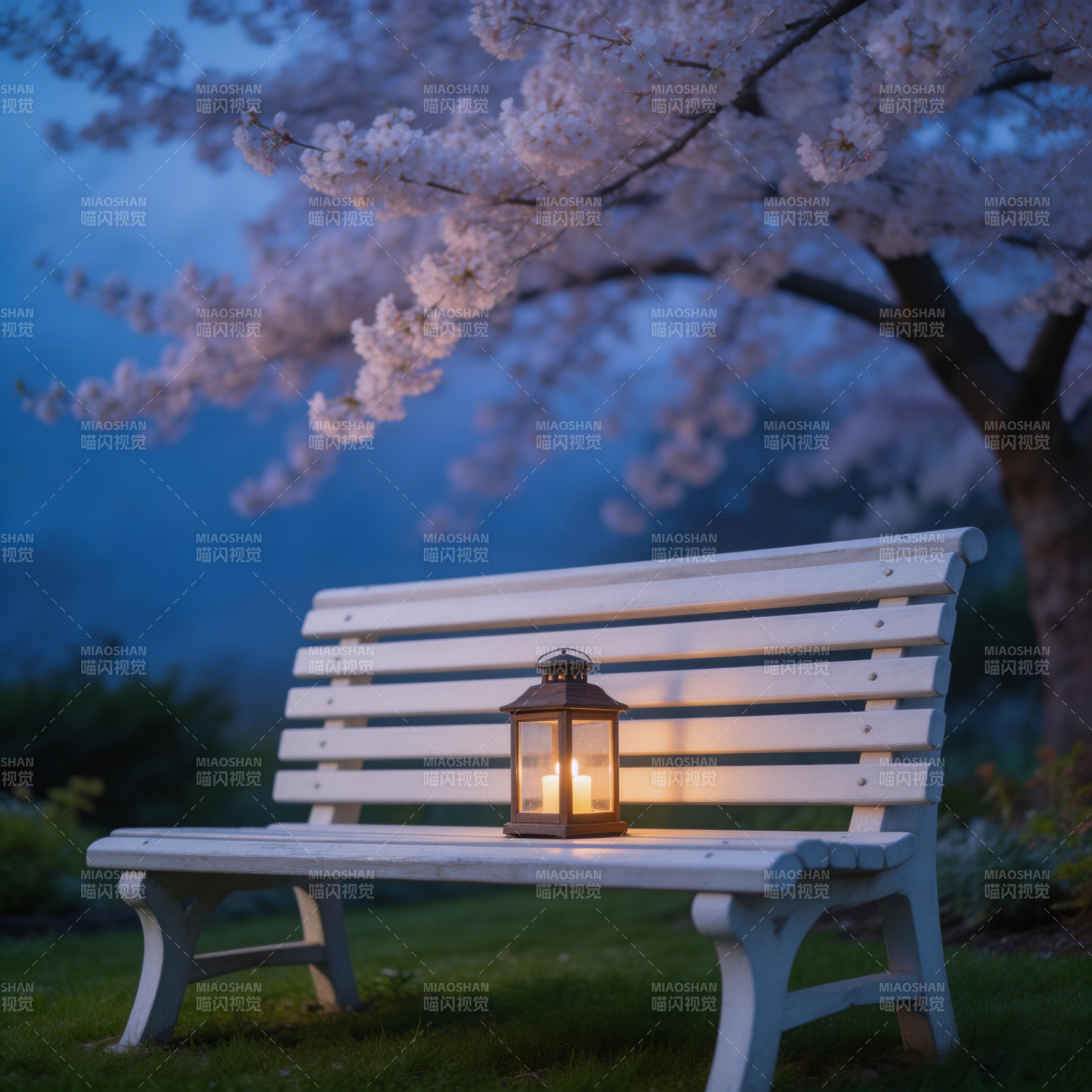 樱花夜灯 静坐长椅旁图片