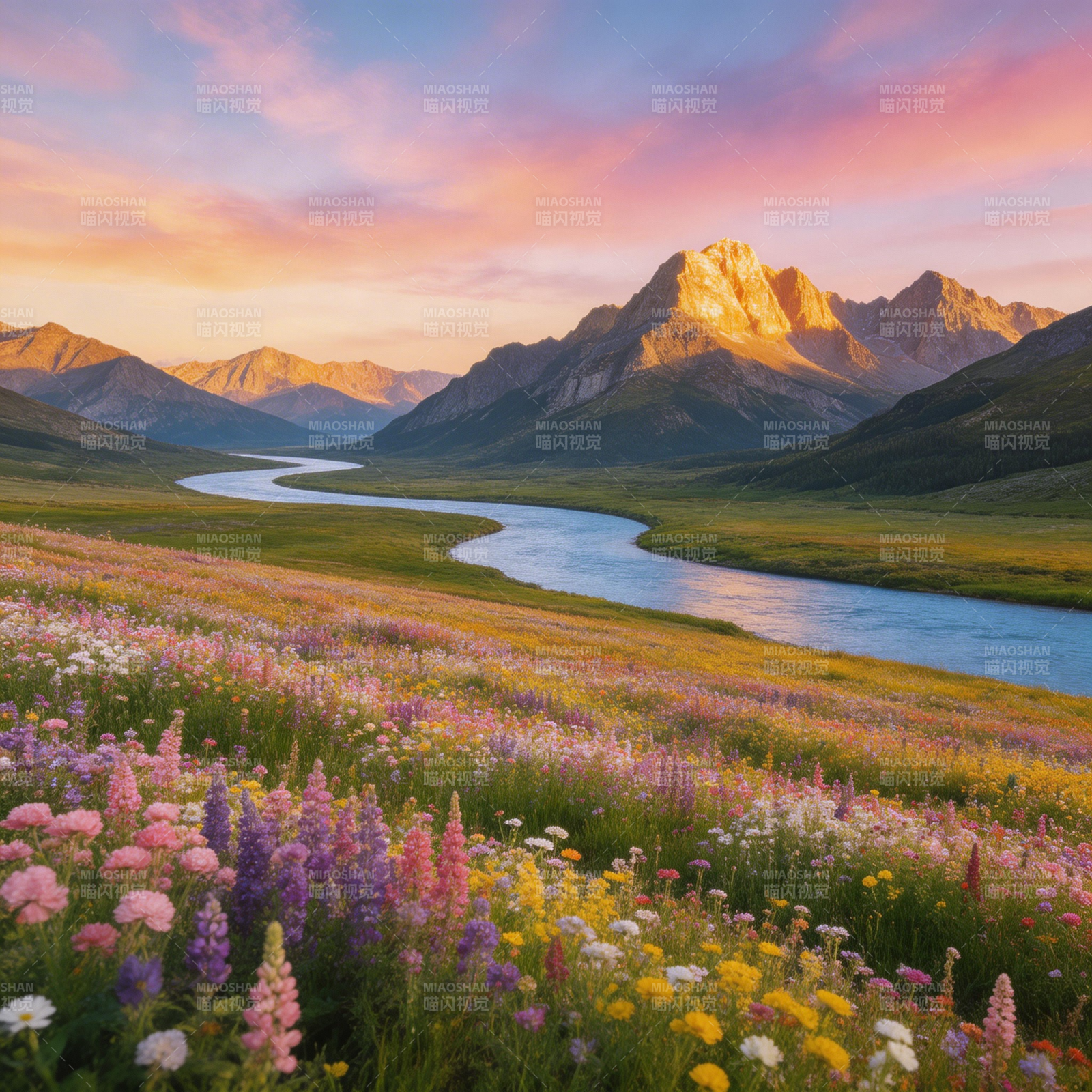 花海映山 夕照河流美如画图片