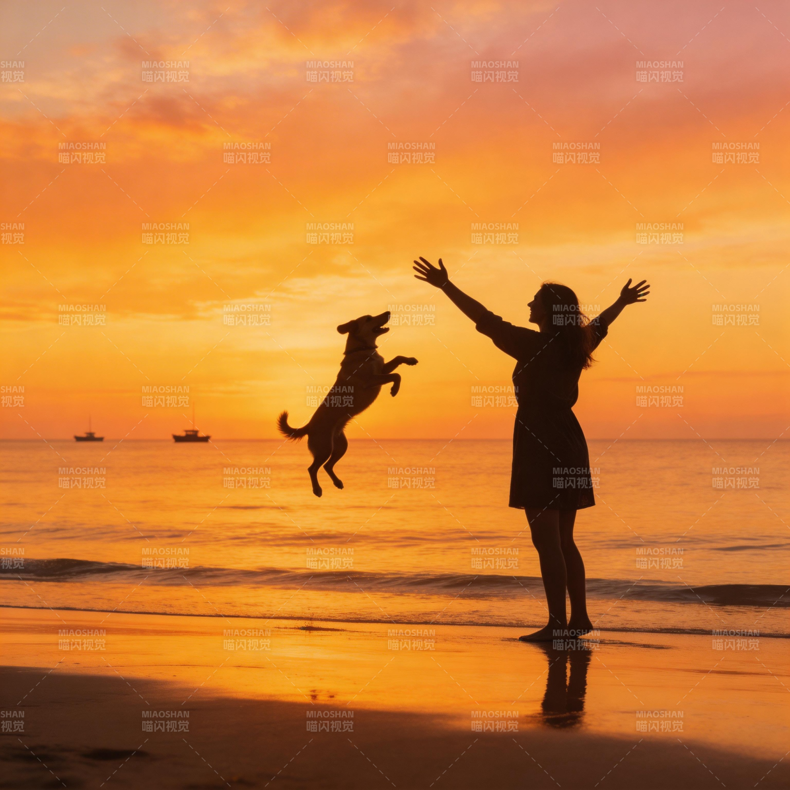 夕阳海滩 人狗共舞剪影图片