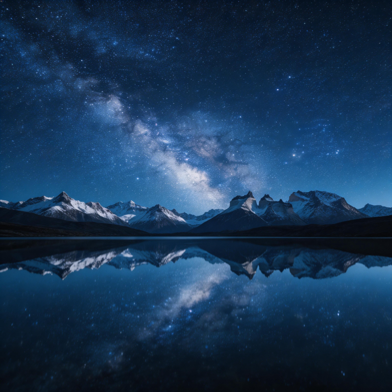 星空倒映雪山湖夜静美图片