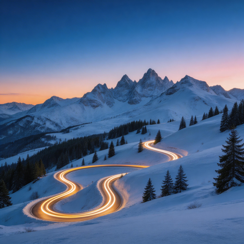 雪夜山路光轨蜿蜒如龙图片
