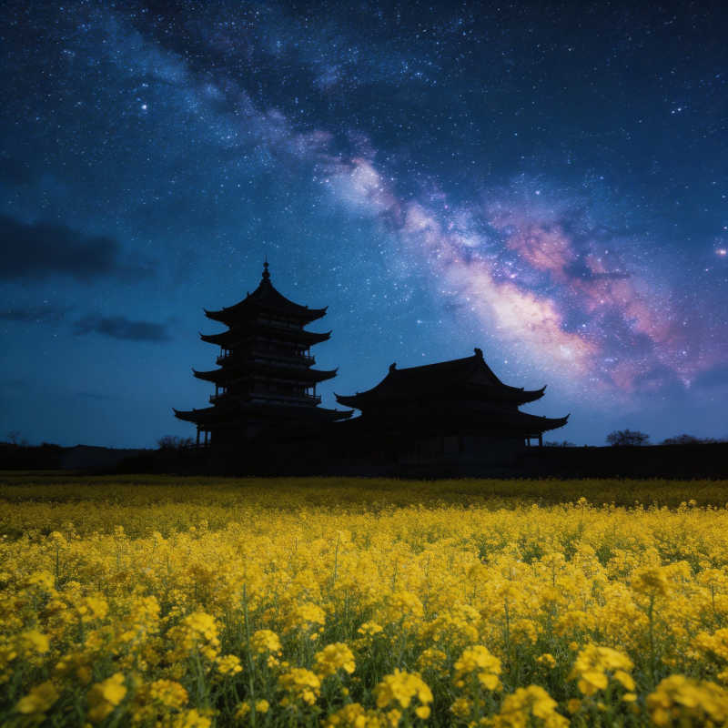 星空古塔映黄花图片