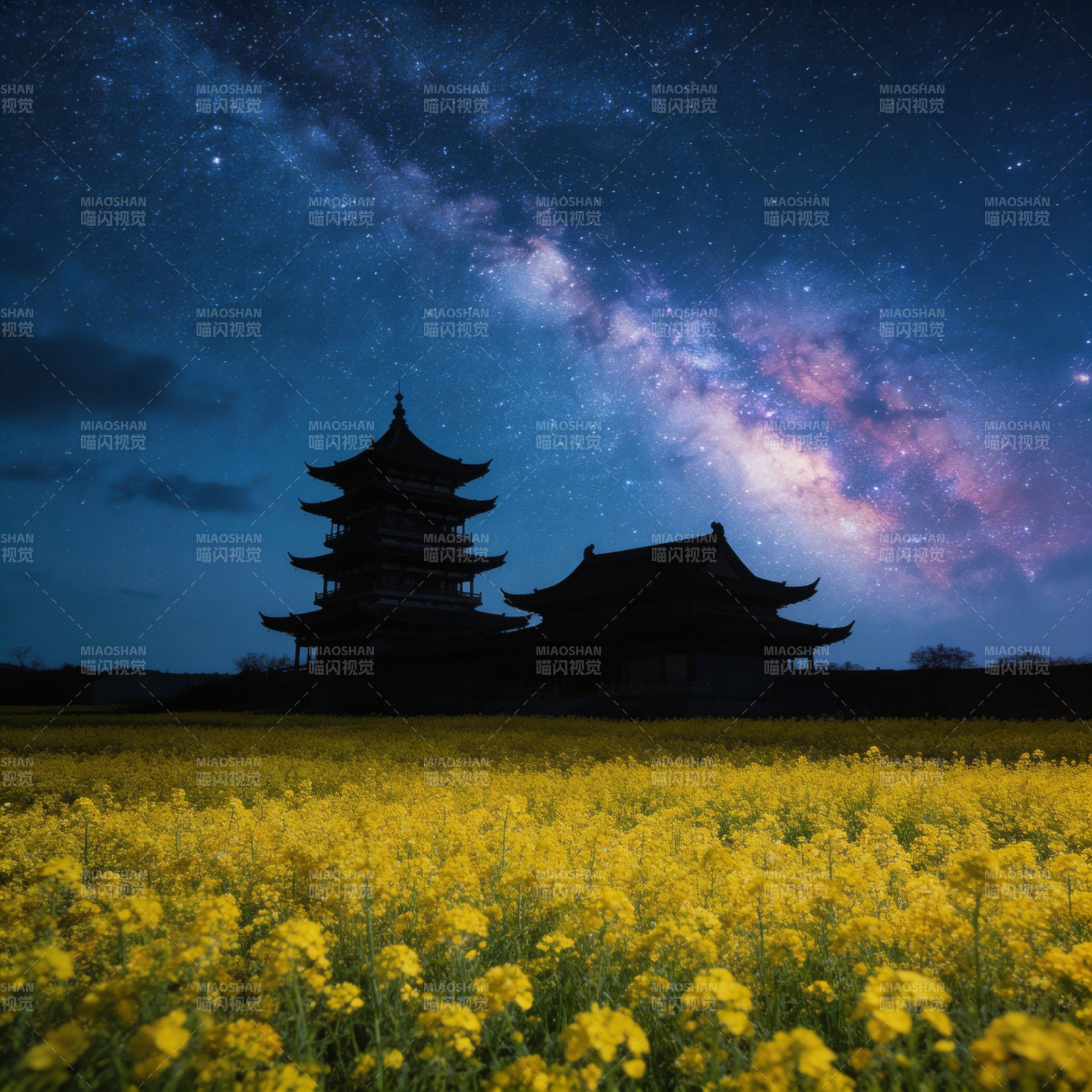 星空古塔映黄花图片