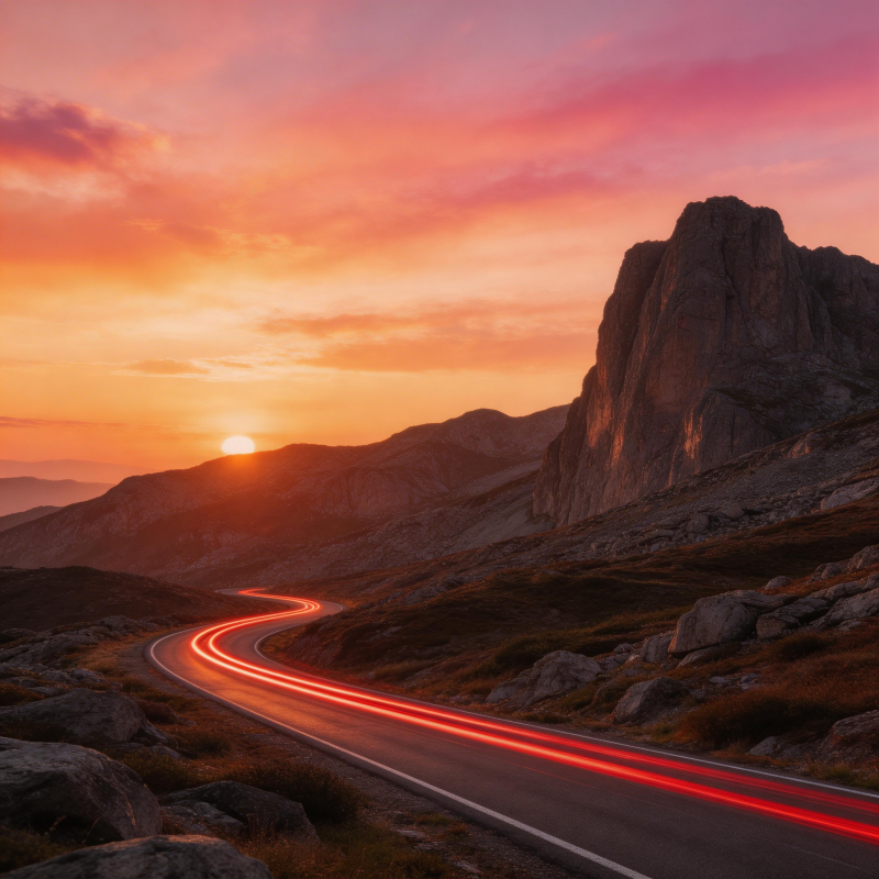 夕阳山路 光轨如焰图片