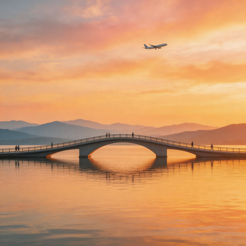 夕阳桥影 飞机掠空图片