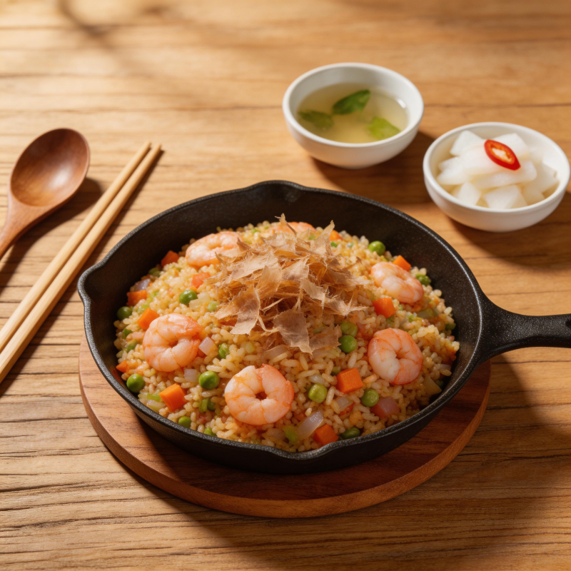 铁锅虾仁炒饭配小菜图片