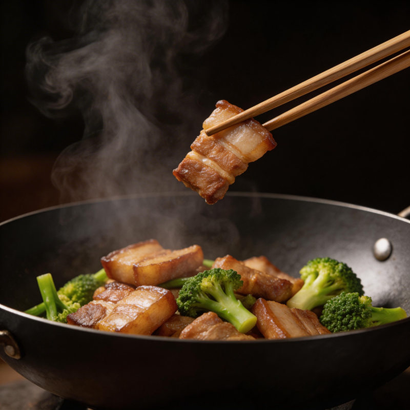 热气腾腾的西兰花炒五花肉图片
