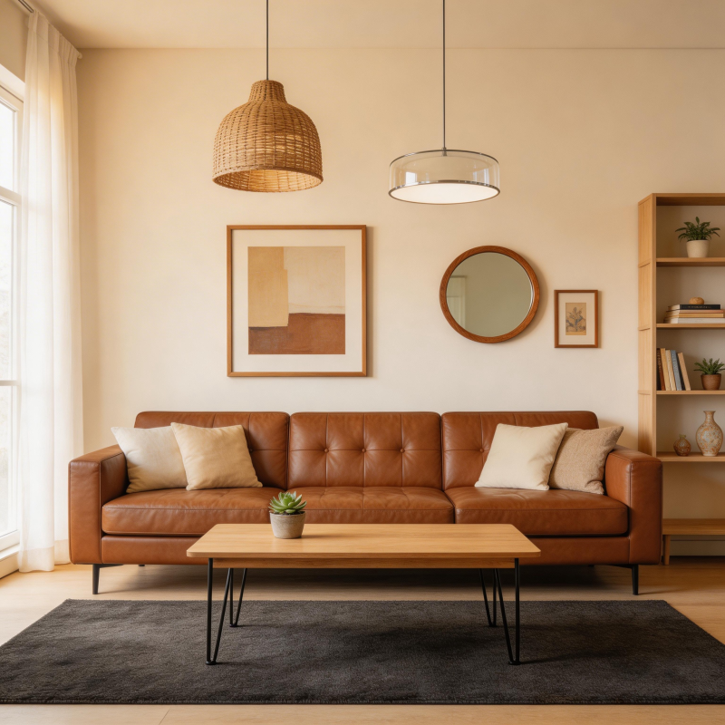 温馨客厅 皮质沙发配木桌图片