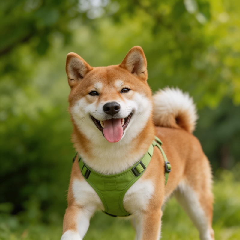 柴犬穿绿背带 开心吐舌笑图片