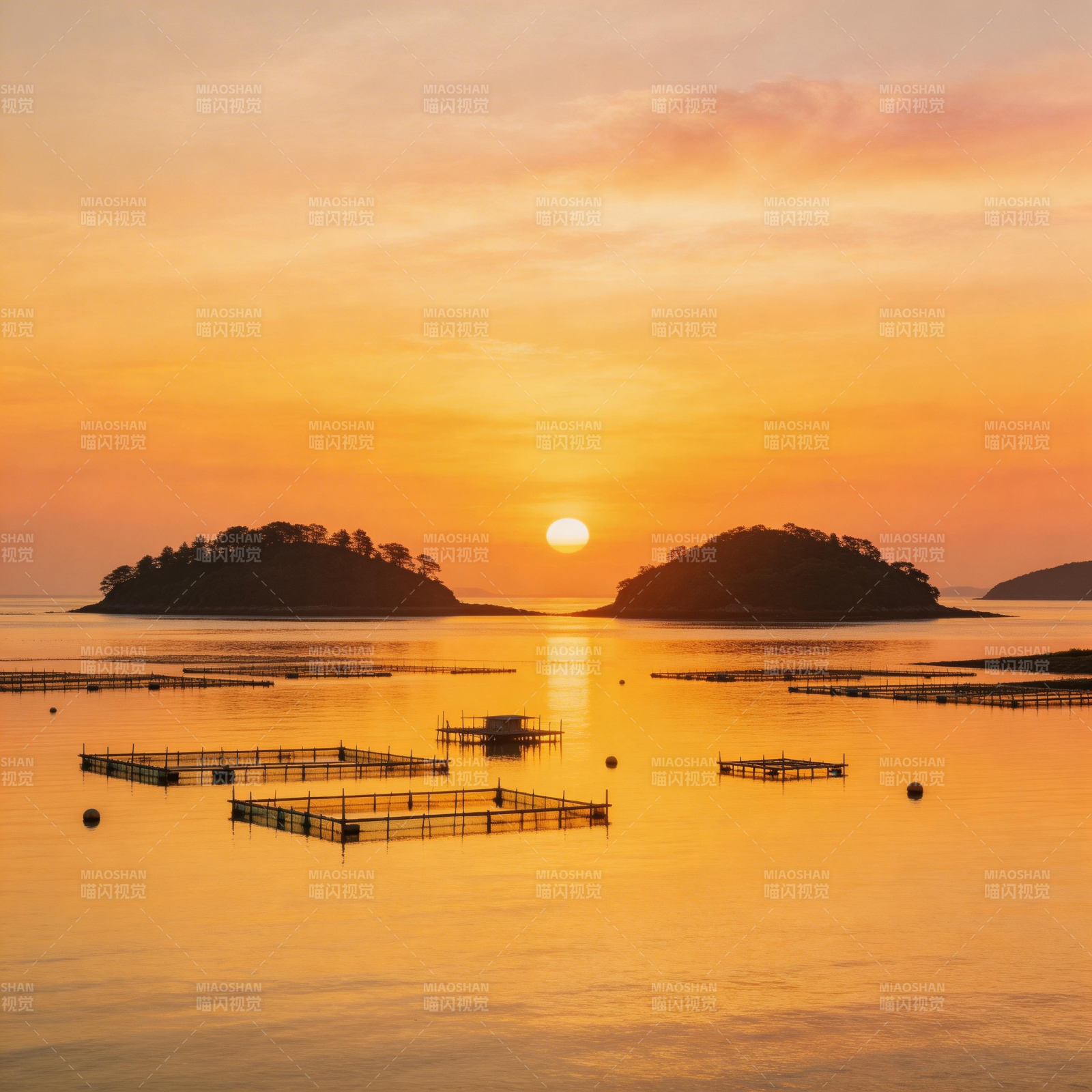 夕阳渔场 金辉映岛图片
