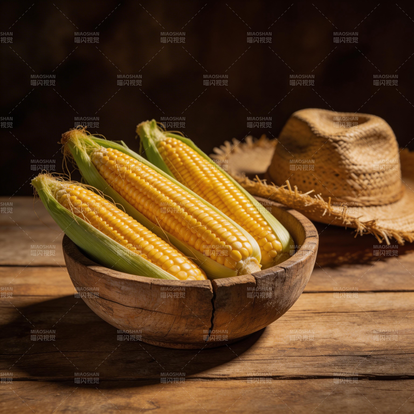 玉米与草帽的田园静物图片