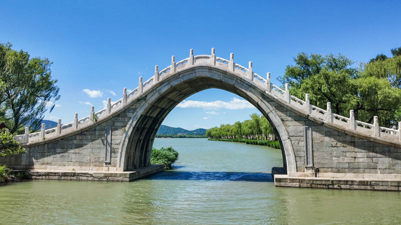 古桥映碧水 蓝天衬绿树图片