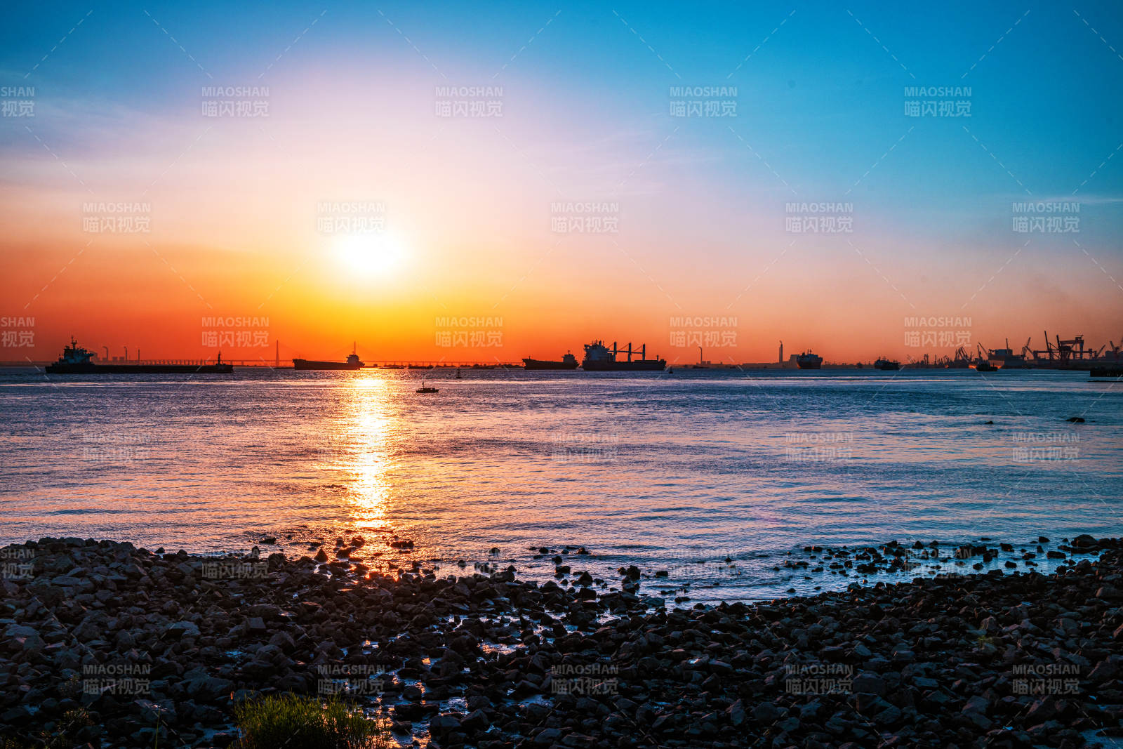 夕阳海港 金辉映水天图片