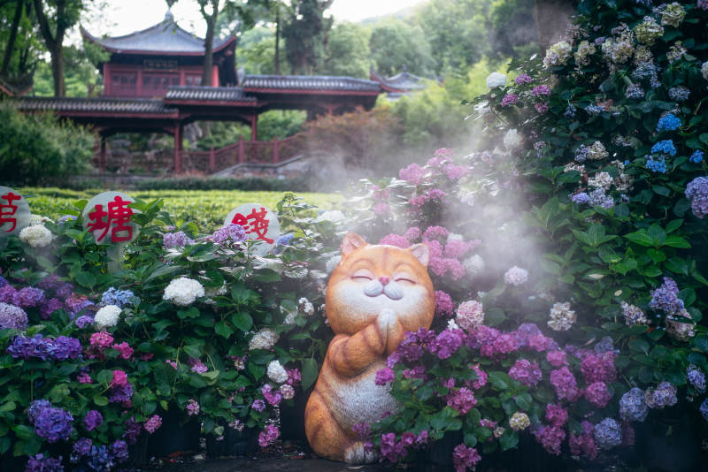 花丛中的萌猫雕塑图片
