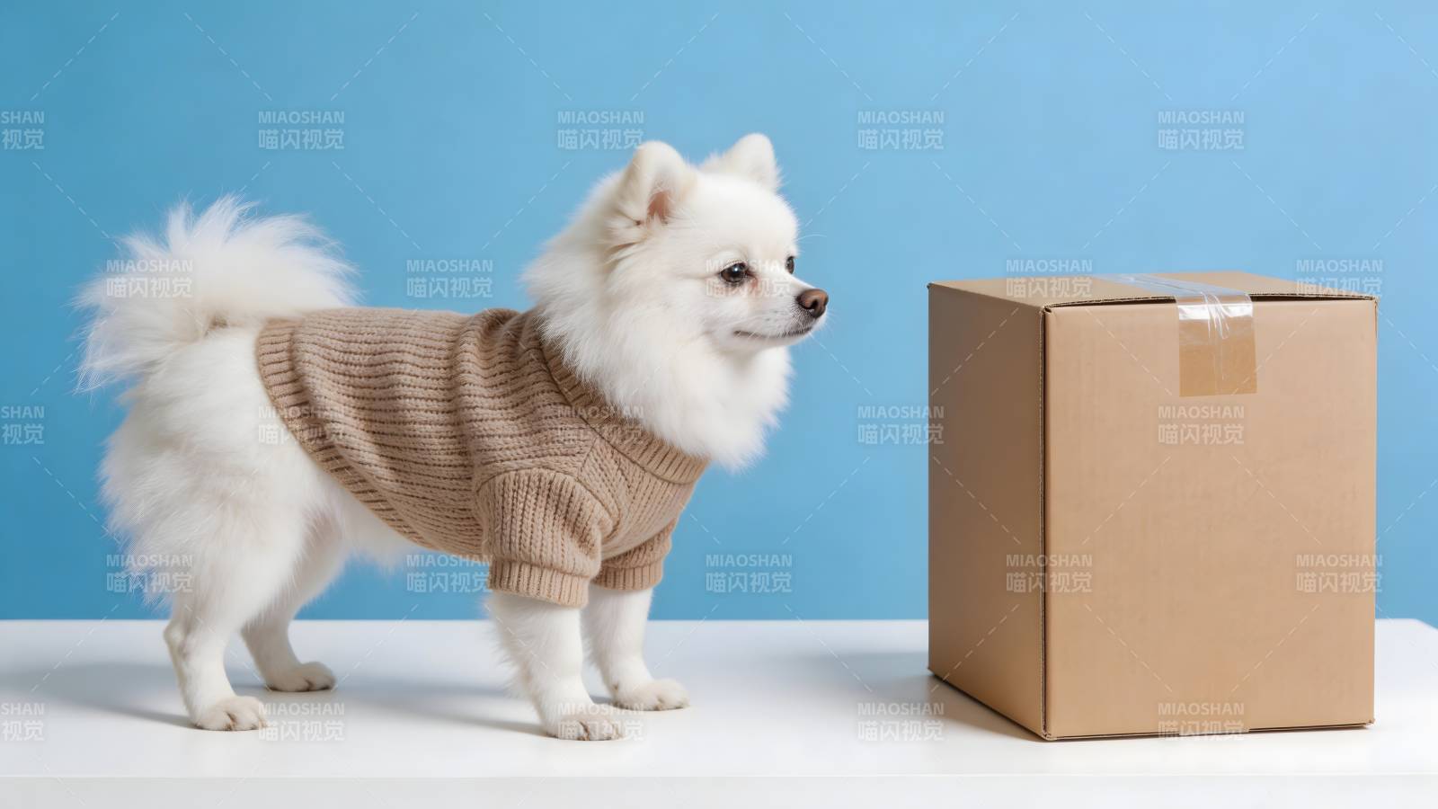小狗好奇盯纸箱图片