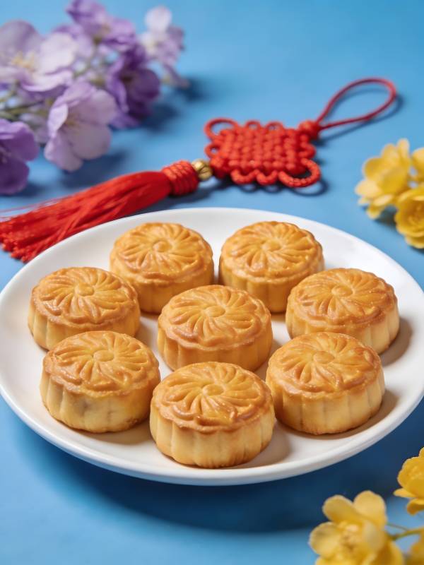 中秋月饼配中国结花饰图片