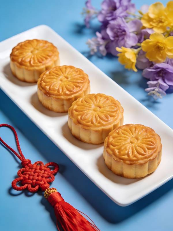 中秋月饼配中国结花饰图片