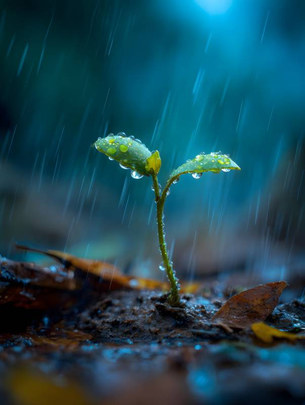 雨中新芽 生机盎然图片