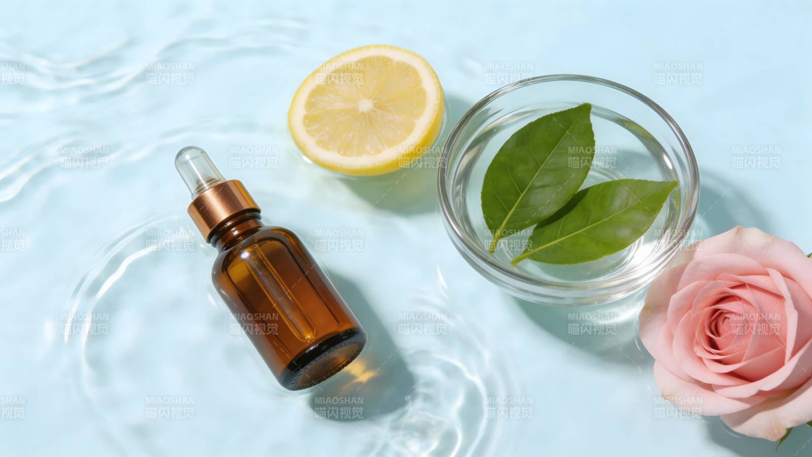 精油柠檬玫瑰绿叶水景图片